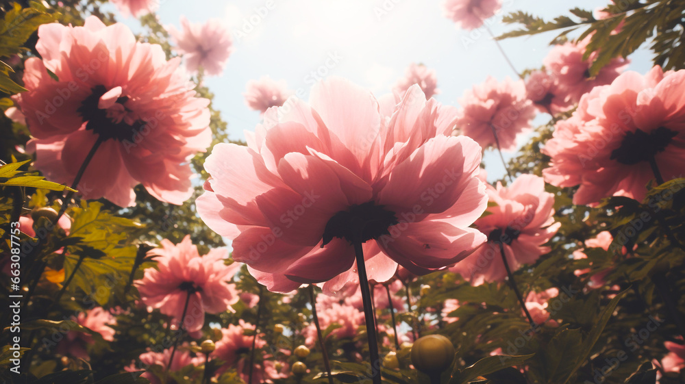 Beautiful peony flowers in the meadow