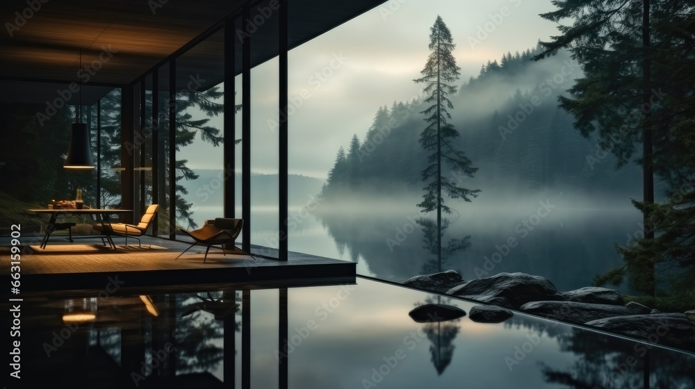 Black modern minimalist studio facing a window and outside a forest with lakes.