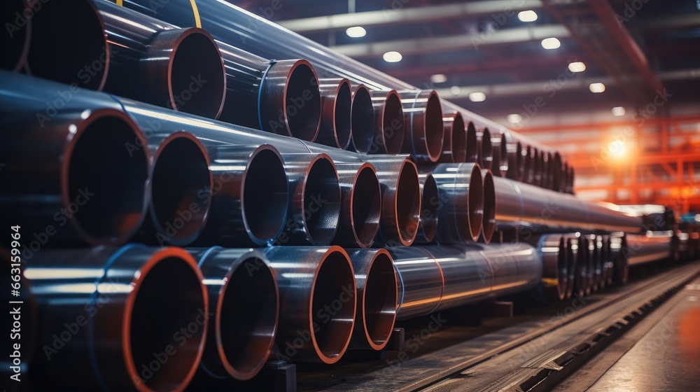 Black steel pipes in manufacturer factory, New steel pipes for pipeline construction.