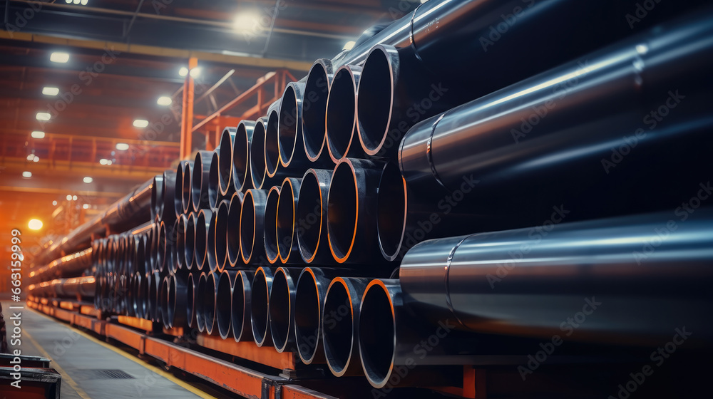 Black steel pipes in manufacturer factory, New steel pipes for pipeline construction.