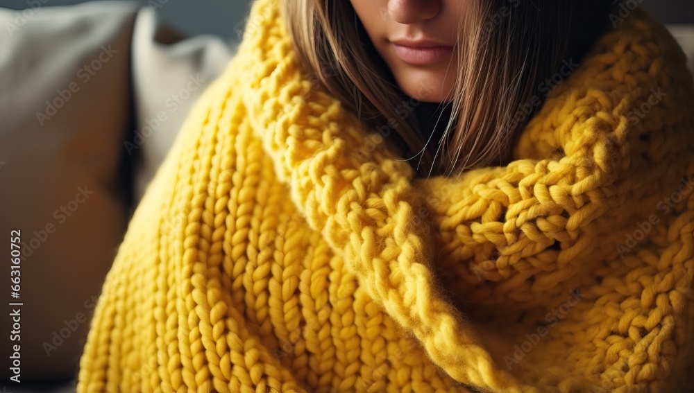 Close up of a young woman wrapped in a yellow knitted blanket