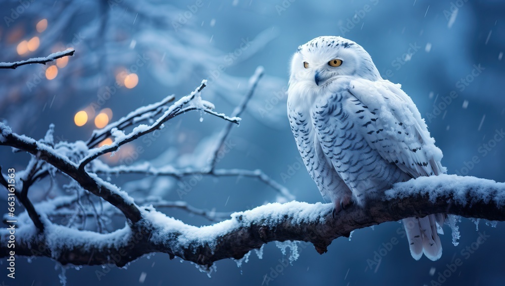 Snowy owl in the winter forest.