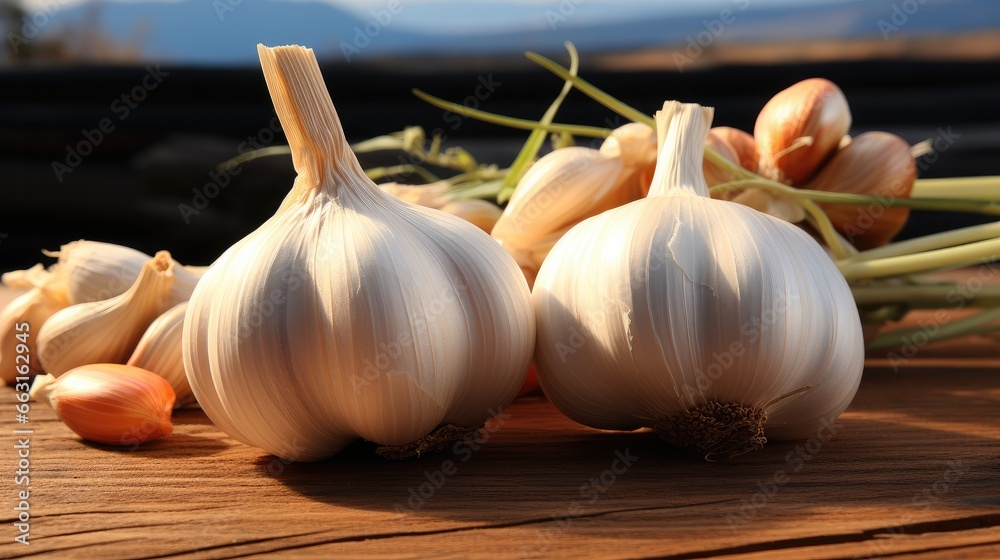 Garlic on a wooden cutting board.