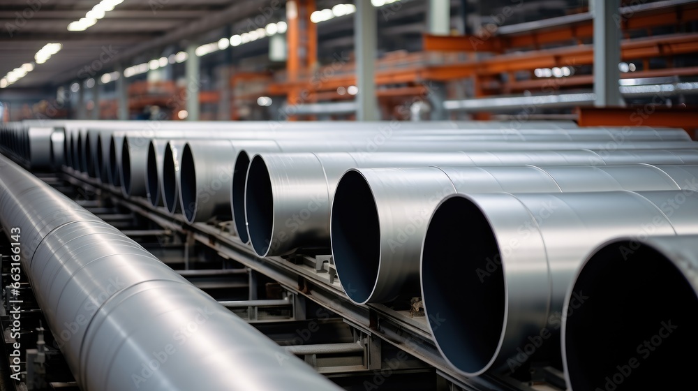 New manufactured steel pipes at manufacturer factory.