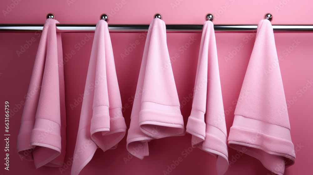 Pink Towel on hanger on pink background.