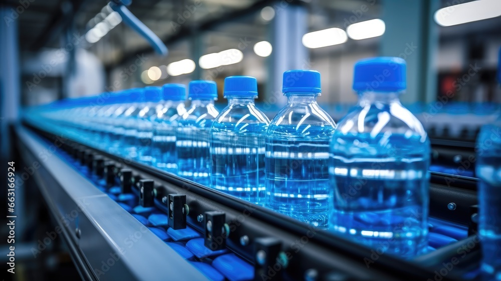 Process of blue plastic bottles manufacturing on a conveyor belt at a modern factory.