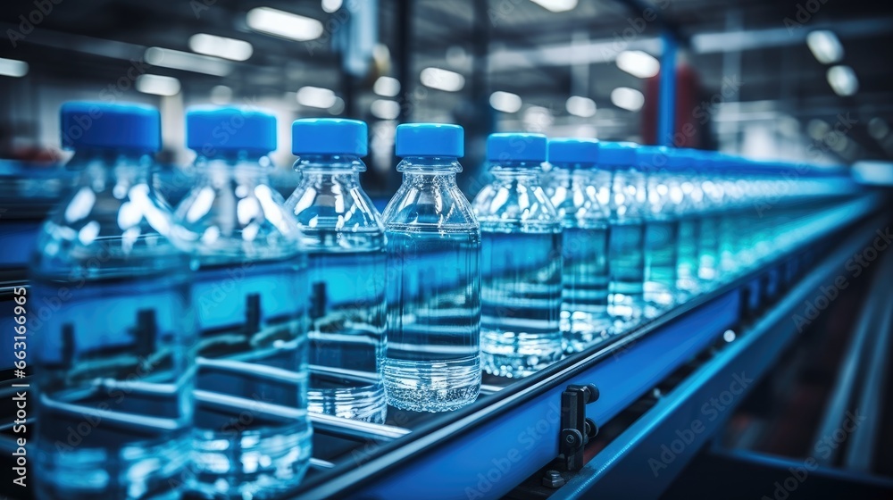 Process of blue plastic bottles manufacturing on a conveyor belt at a modern factory.