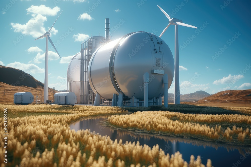 Small clean white hydrogen plant with a wind turbine and a silo.