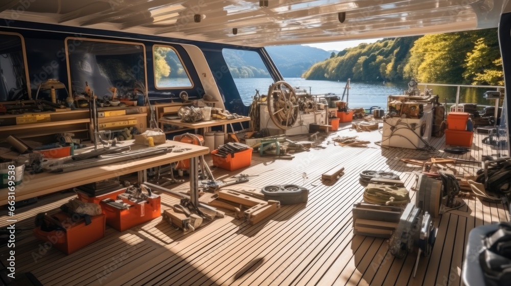 Super yacht decking workshop with tools in foreground.