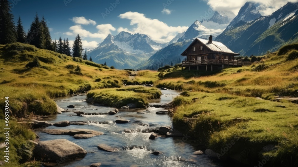 A Beautiful cabin in forest on the mountain.