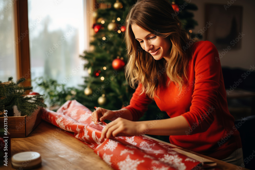 woman putting christmas wrap and wrapping paper