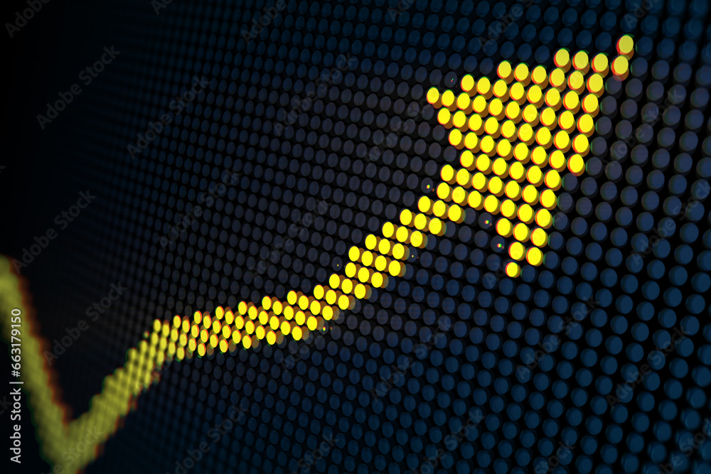 Creative yellow pixel upward arrow on dark backdrop. Growth, success business and up concept. 3D Rendering.