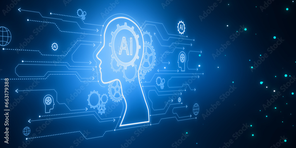 Creative AI head outline hologram with circuit on blurry blue backdrop. 3D Rendering.