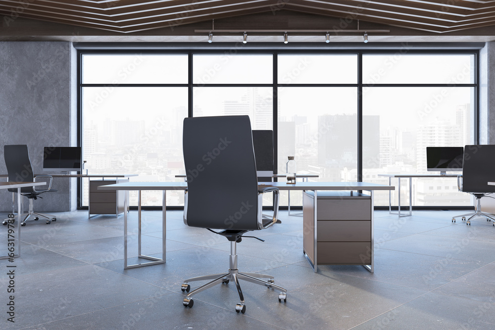 Contemporary concrete and wooden glass office interior with various objects and furniture, window with city view and daylight. 3D Rendering.