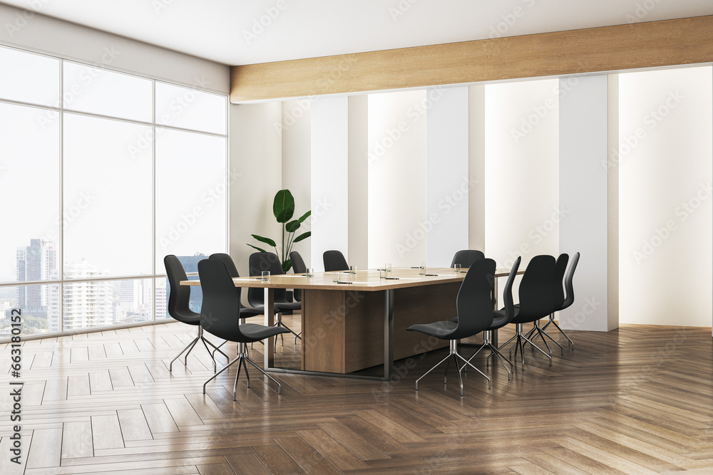 Contemporary meeting room interior with panoramic window and city view, furniture and wooden flooring. 3D Rendering.