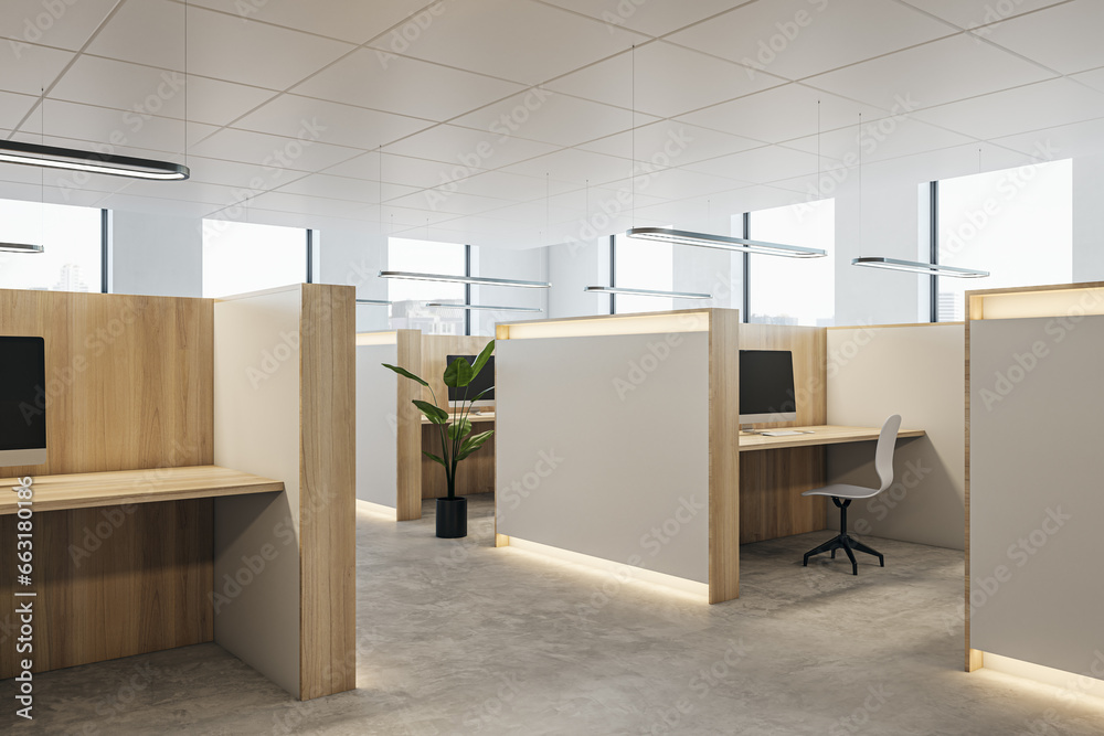 Clean coworking office interior with partitions and workplaces, window with city view and daylight. 3D Rendering.