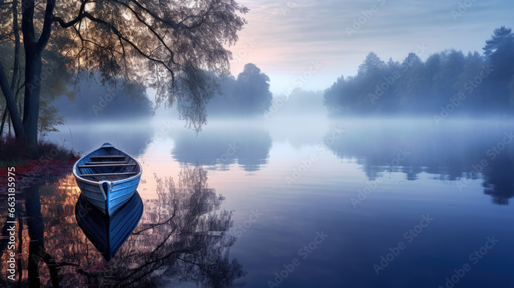 Misty lake with boat landscape, rowboat in the morning mist 