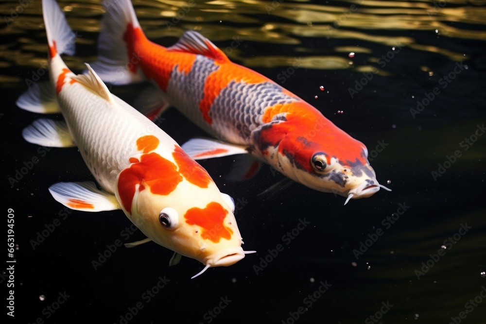 two koi fish swimming in a shared pond