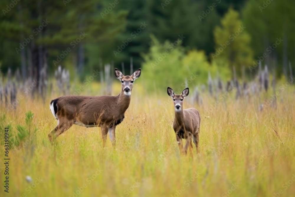 a wildlife scene featuring deer foraging in a meadow