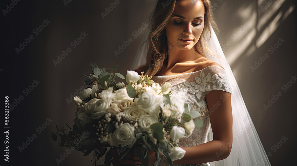 a Beautiful bride in a white gown cradling a bouquet of eucalyptus and white flowers.