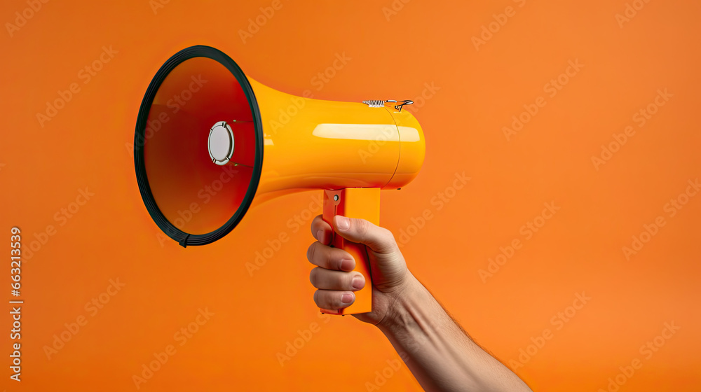 Close up hand holding megaphone, marketing and sales, orange background.