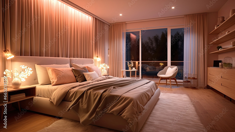 Cozy bedroom interior in a contemporary design. The room is in pastel brown with a large double bed.