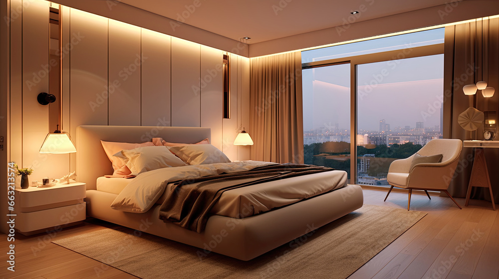 Cozy bedroom interior in a contemporary design. The room is in pastel brown with a large double bed.