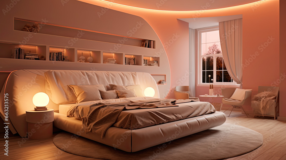 Cozy bedroom interior in a contemporary design. The room is in pastel brown with a large double bed.