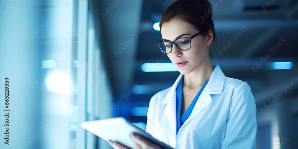 Medical hospital portrait: Confident female medical doctor using tablet . Healthcare concept. Generative AI