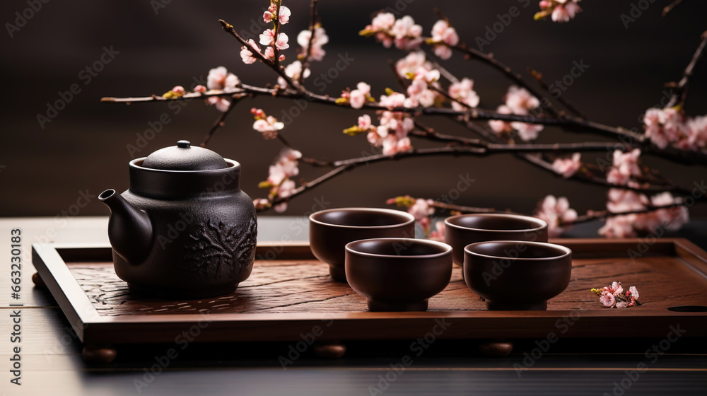 Tea ceremony, traditional teapot and ceramic cups on wooden tray on dark background with sakura blossoms. Generative AI