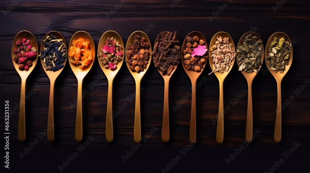 Different types of tea and herbs in vintage wood spoons, top view on dark background. Copy space. Generative AI