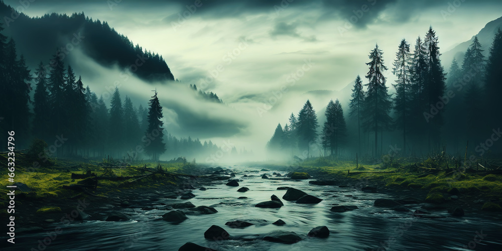 Misty mountain landscape with fir forest and river in vintage retro style. Generative AI