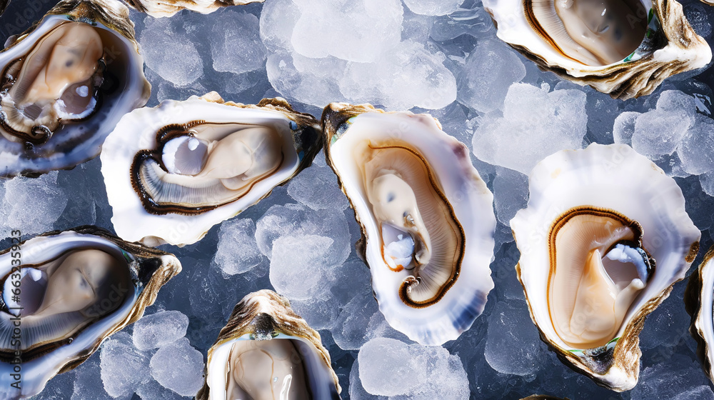 Top view on fresh oysters laying on crushed ice. Seafood background. Generative AI