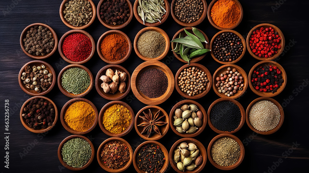 Collection of different aromatic spices and herbs in a wooden plates on dark background, view from above. Generative AI