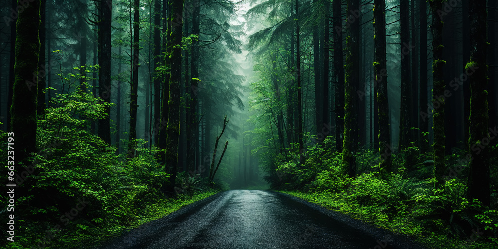 Misty road in fir forest. Minimalistic scenery. Generative AI