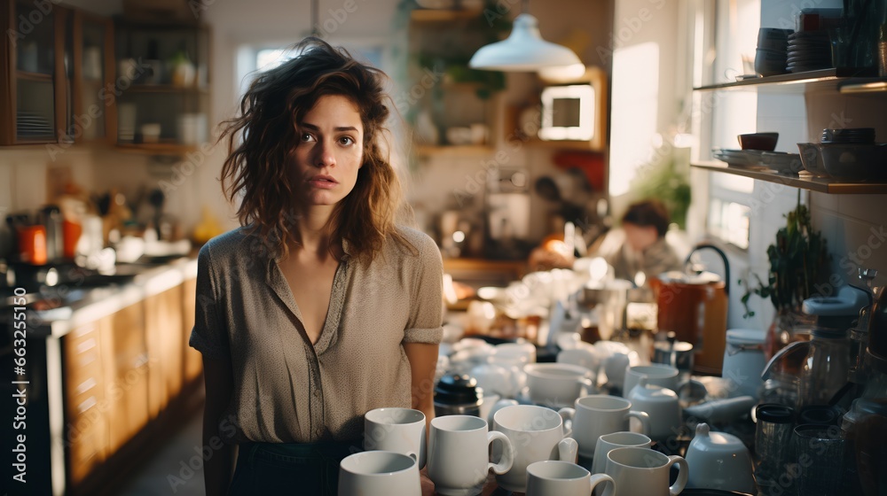 Tired and overworked woman stands in kitchen with dirty dishes. Exhausted and stress of juggling multiple responsibilities. Woman with overwhelming workload. Overemployed and remote work from home.