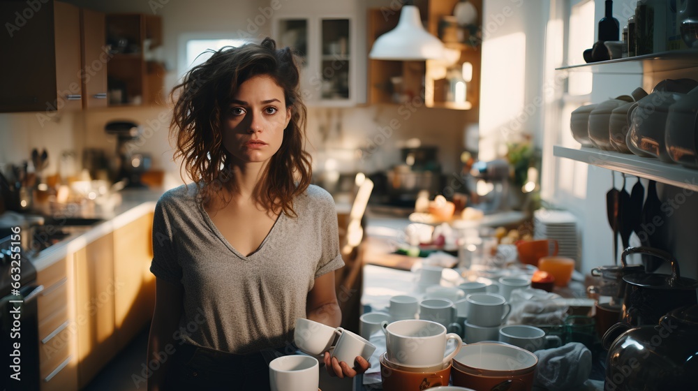 Tired and overworked woman stands in kitchen with dirty dishes. Exhausted and stress of juggling multiple responsibilities. Woman with overwhelming workload. Overemployed and remote work from home.