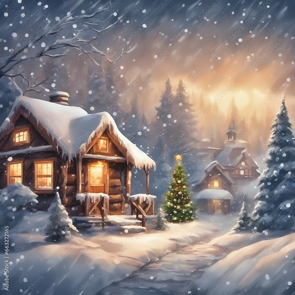 Santa Claus in front of a snowy house. Christmas tree and gifts in the snow. Winter