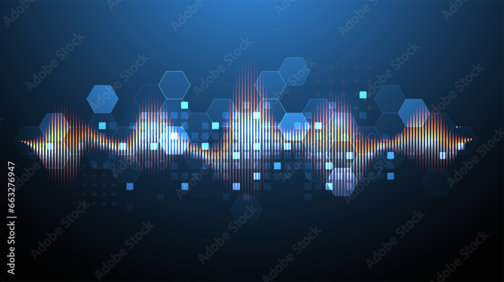 Sound wave with glowing hexagones. Dynamic vibration wallpaper. Frequency pulse modulation vector illustration.