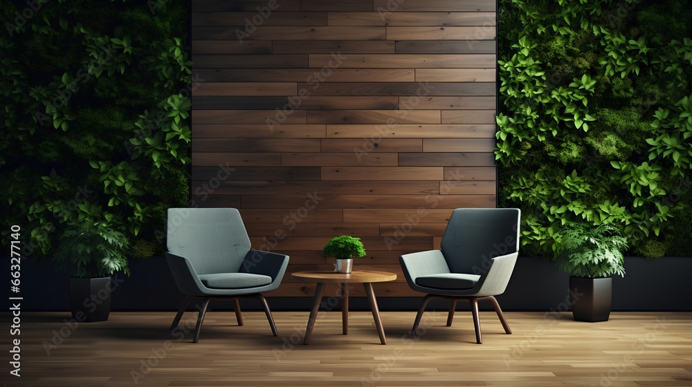 Modern, stylish waiting room in green office. Comfortable wooden chairs arranged for job interview, appointment or business meeting. Workplace with lush greenery for calming and inviting atmosphere.