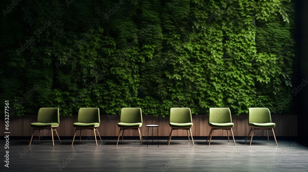 Modern, stylish waiting room in green office. Comfortable wooden chairs arranged for job interview, appointment or business meeting. Workplace with lush greenery for calming and inviting atmosphere.