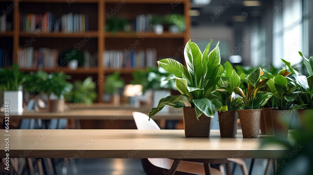 Modern office space with wooden furniture and plants in pots. Innovative startup company with green, ecofriendly environment with lush vegetation in workplace. Productive and healthy work place.