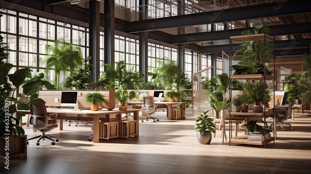 Modern office space with wooden furniture and plants in pots. Innovative startup company with green, ecofriendly environment with lush vegetation in workplace. Productive and healthy work place.