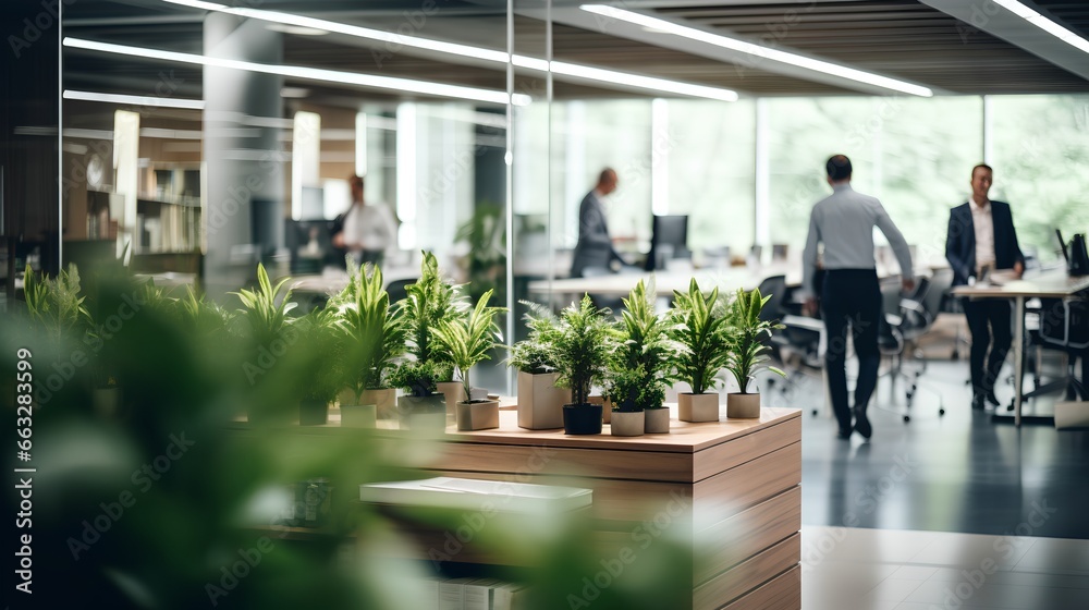 Modern office space with wooden furniture and plants in pots. Innovative startup company with green, ecofriendly environment with lush vegetation in workplace. Productive and healthy work place.