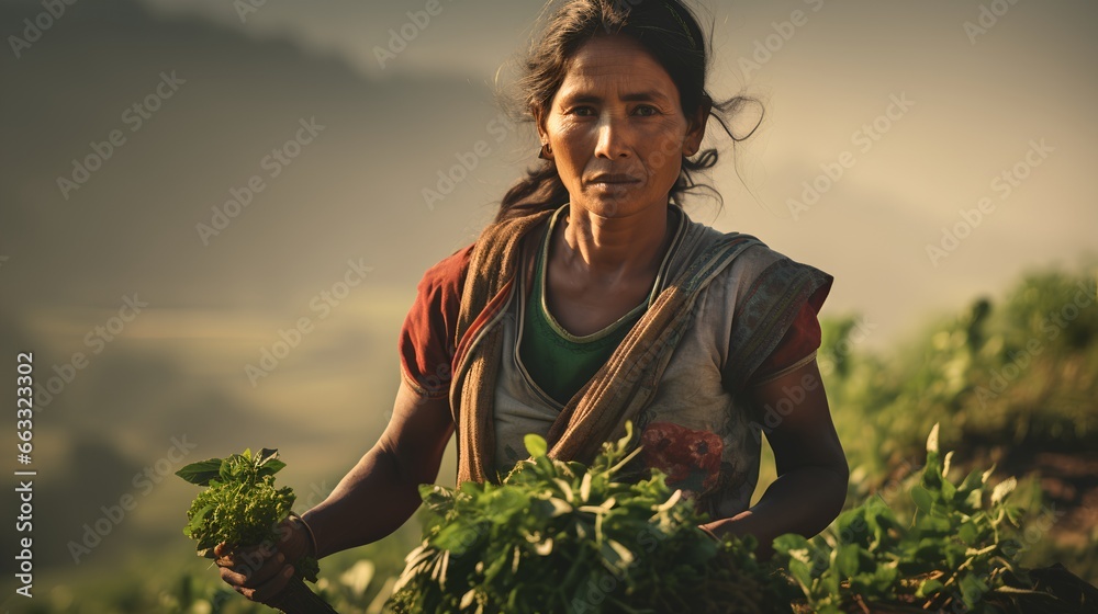 Hardworking ethnic female farmer in crops plantation work. Fair trade concept. Supporting sustainable farming practices and ethical sourcing. Woman as labor in tea fields.