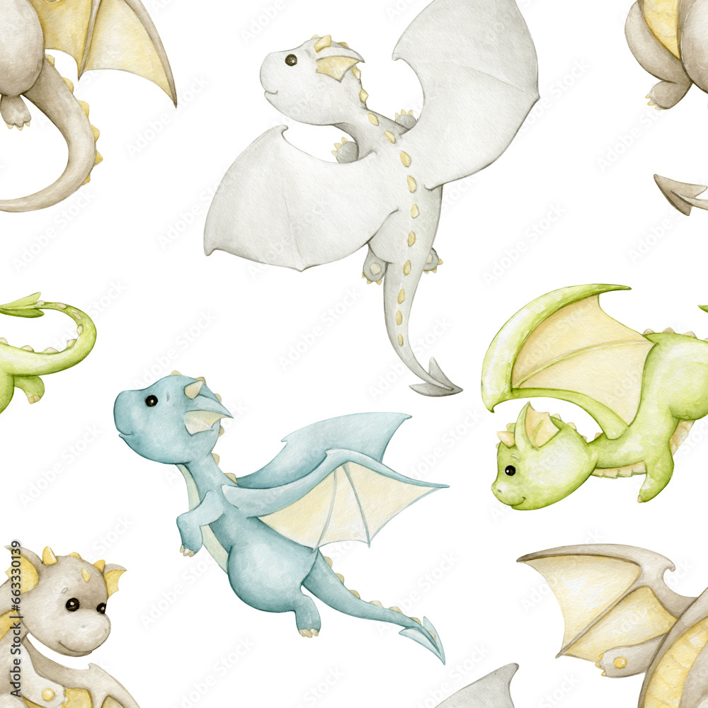 Dragons of different colors, in cartoon style. Seamless pattern of fairy-tale animals, on an isolated background, drawn in watercolor.