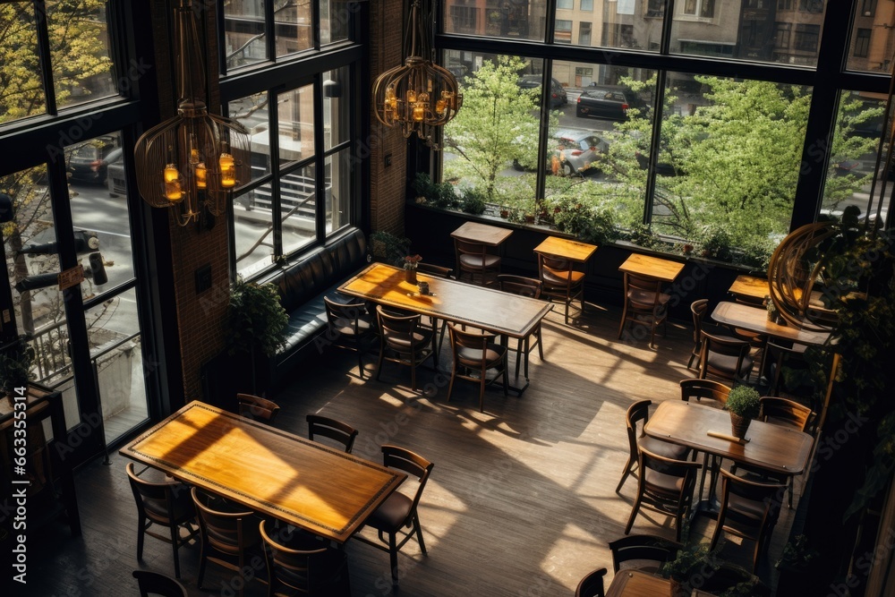 Aerial view of a empty indoor cafe