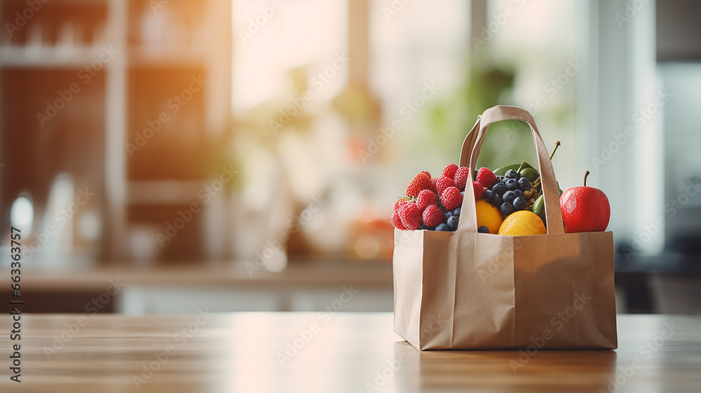 fresh vegetables and fruits in a modern kitchen in a shopping bag