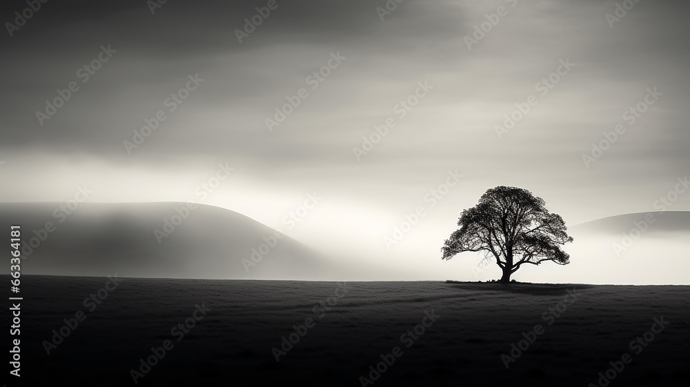 a lonely tree in a field without leaves fog branches.