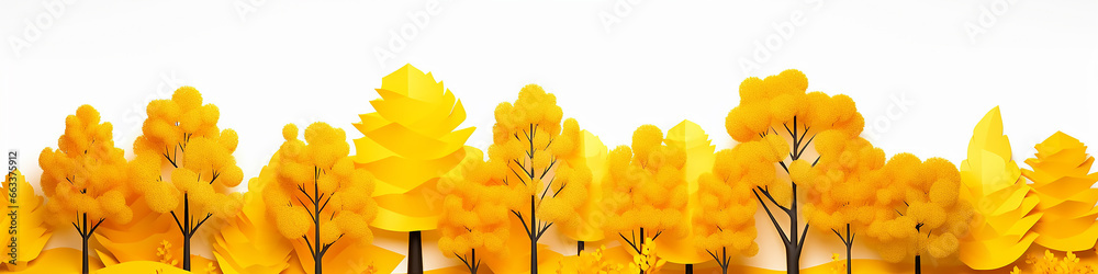 a row of yellow trees on a white background 3d graphics narrow long panorama.